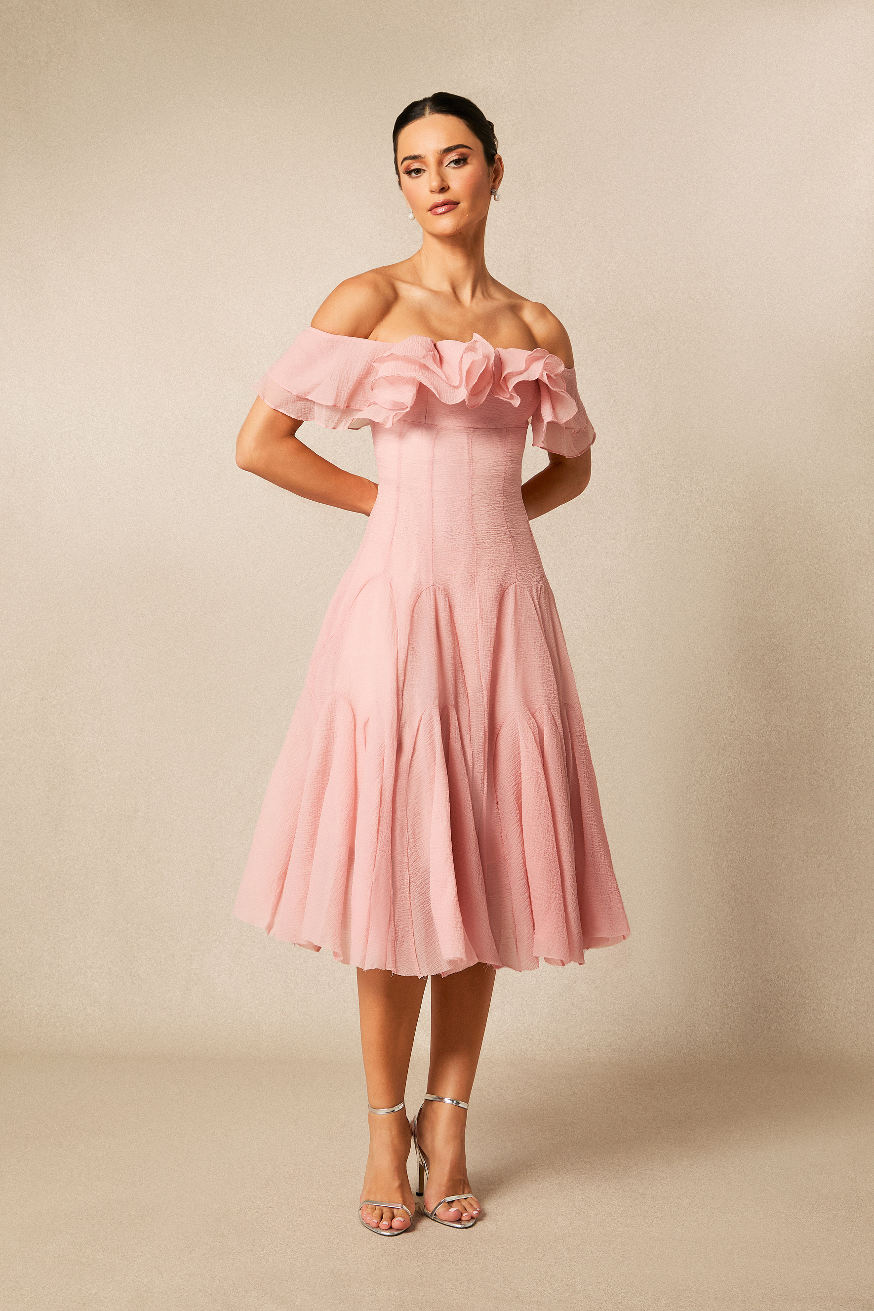 sunfere Vita Off Shoulder Ruffle Midi Dress