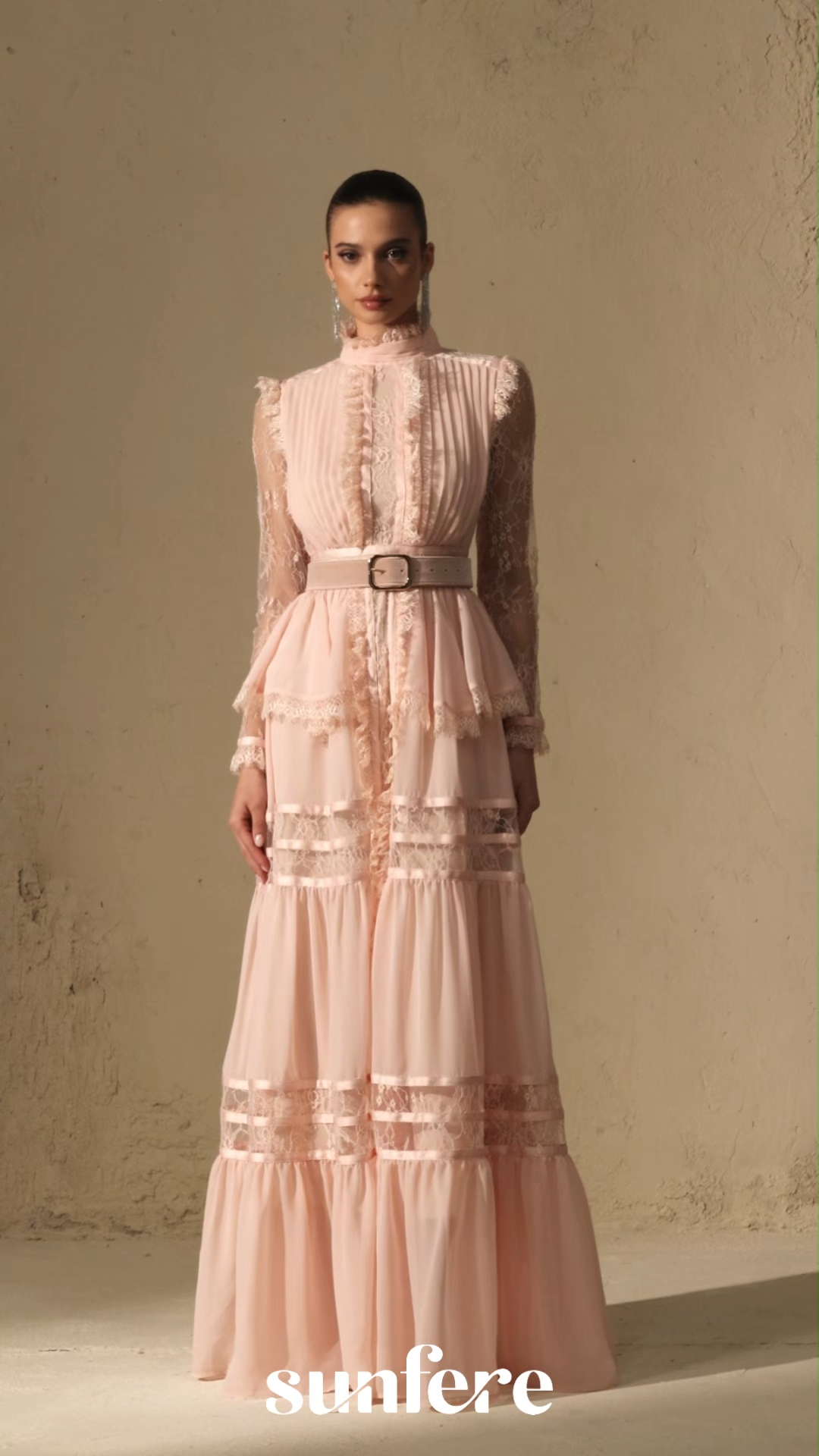 Unique Impression Pink High Neck Ruffled Trim Maxi Dress