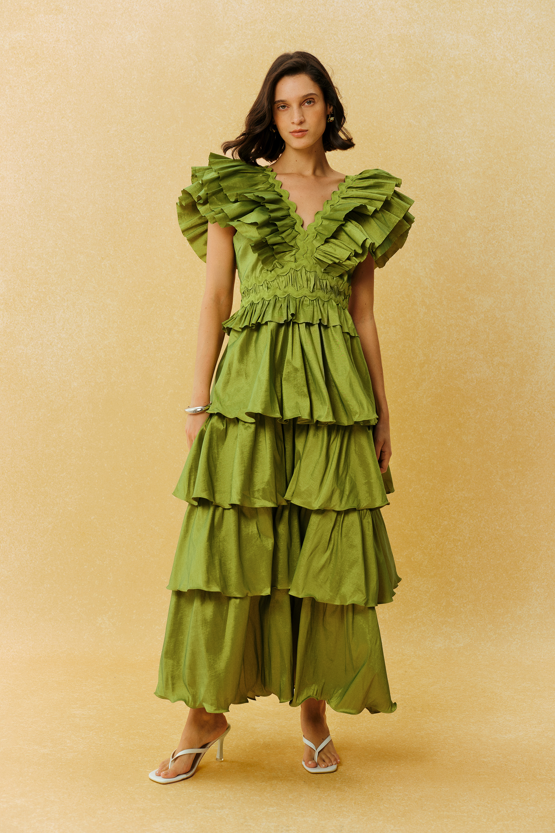 Can't Look Away Green V Neck Ruffle Sleeve Tiered Maxi Dress