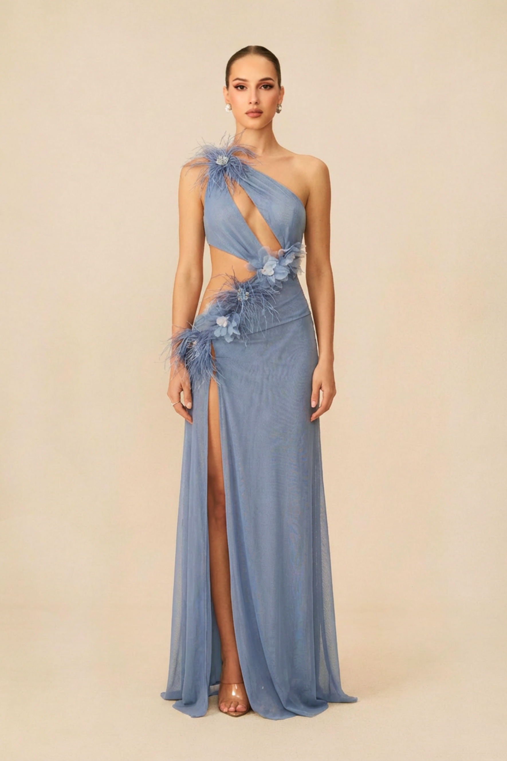 Exceptional Moments Blue Feather Floral Cutout Maxi Dress