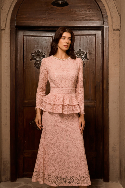 Only Fantasy Pink Embroidered Lace Ruffled Midi Dress