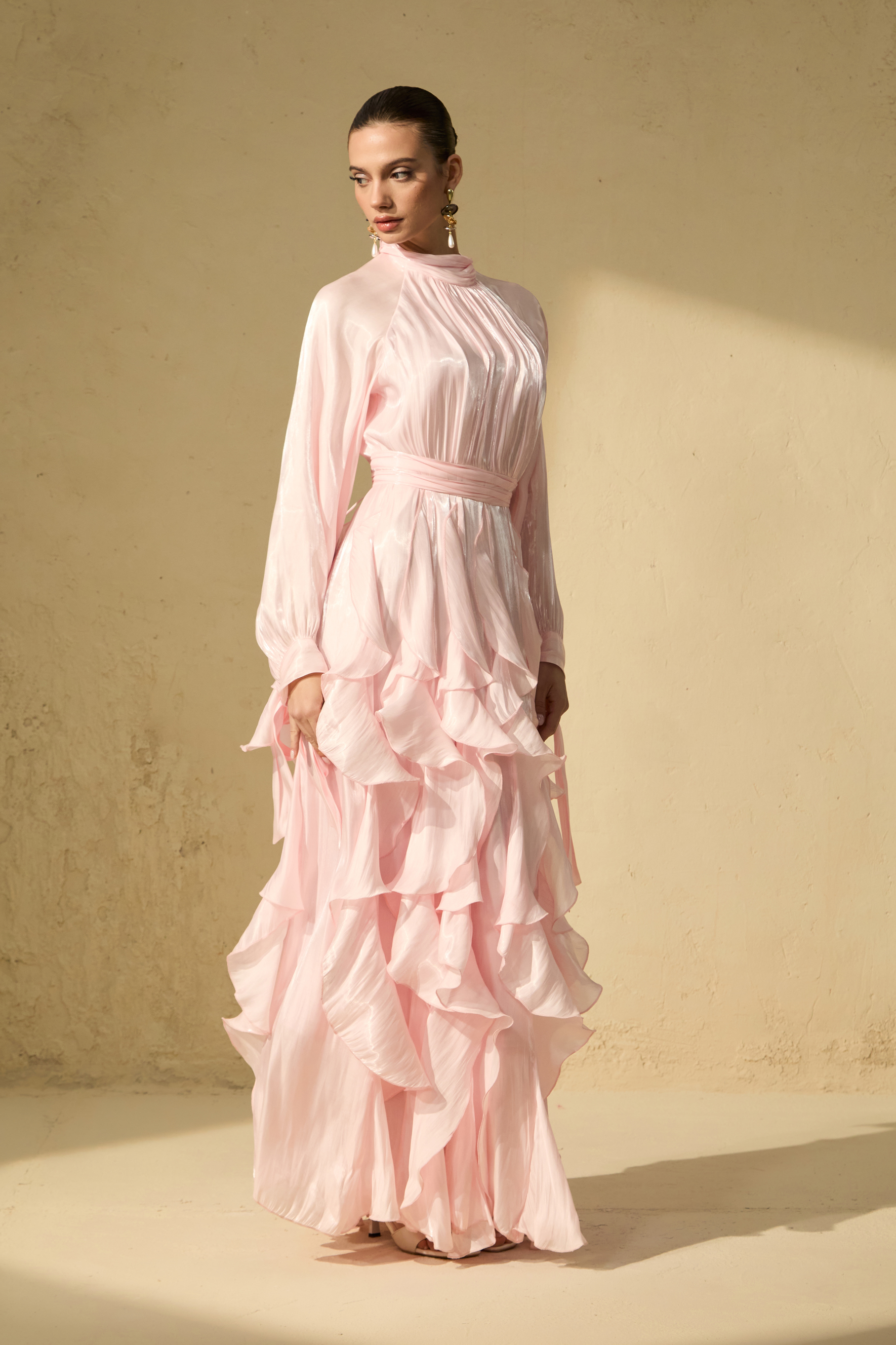 Estella Puff Sleeve Ruffle Trim Maxi Dress