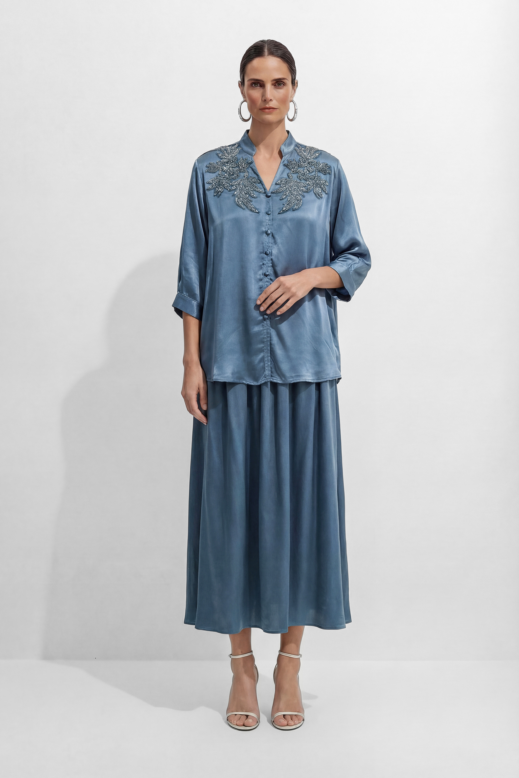 Luminous Elegance Blue Beaded Floral V-Neck Top & Skirt Set