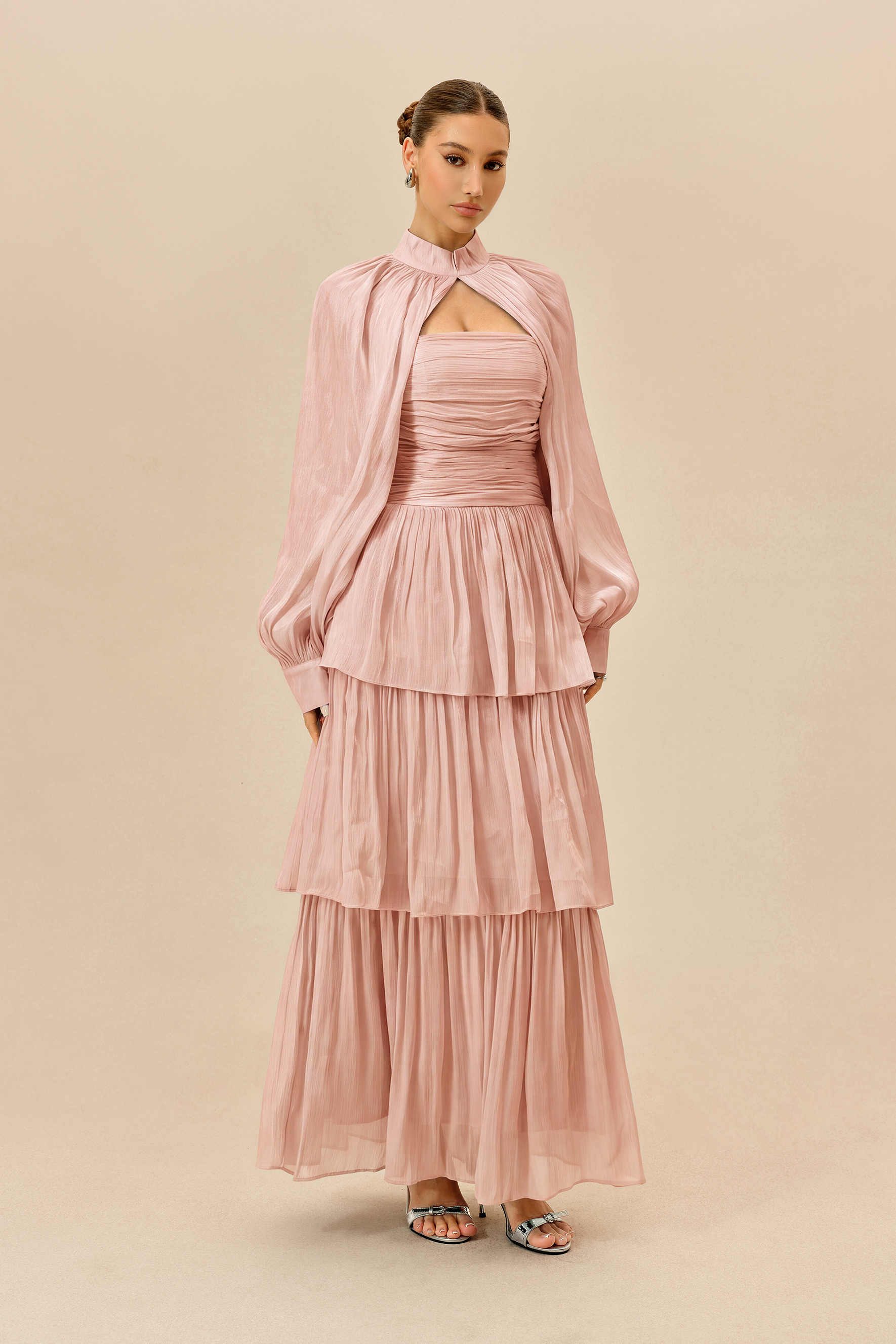 Something Lovely Pink Detachable Sleeve Tiered Maxi Dress
