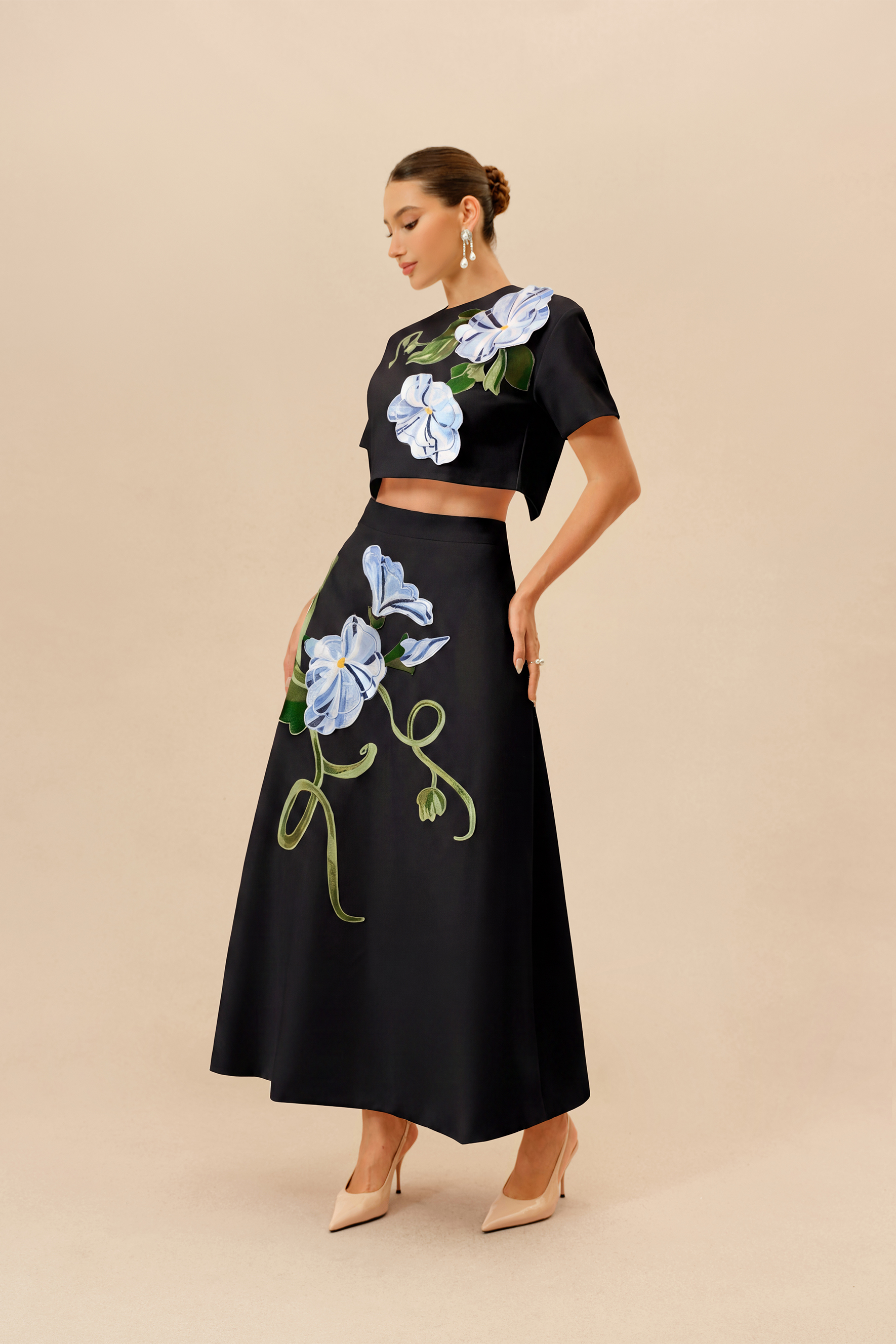 Enchanted Garden Black Floral Applique Cropped Top & Maxi Skirt Set