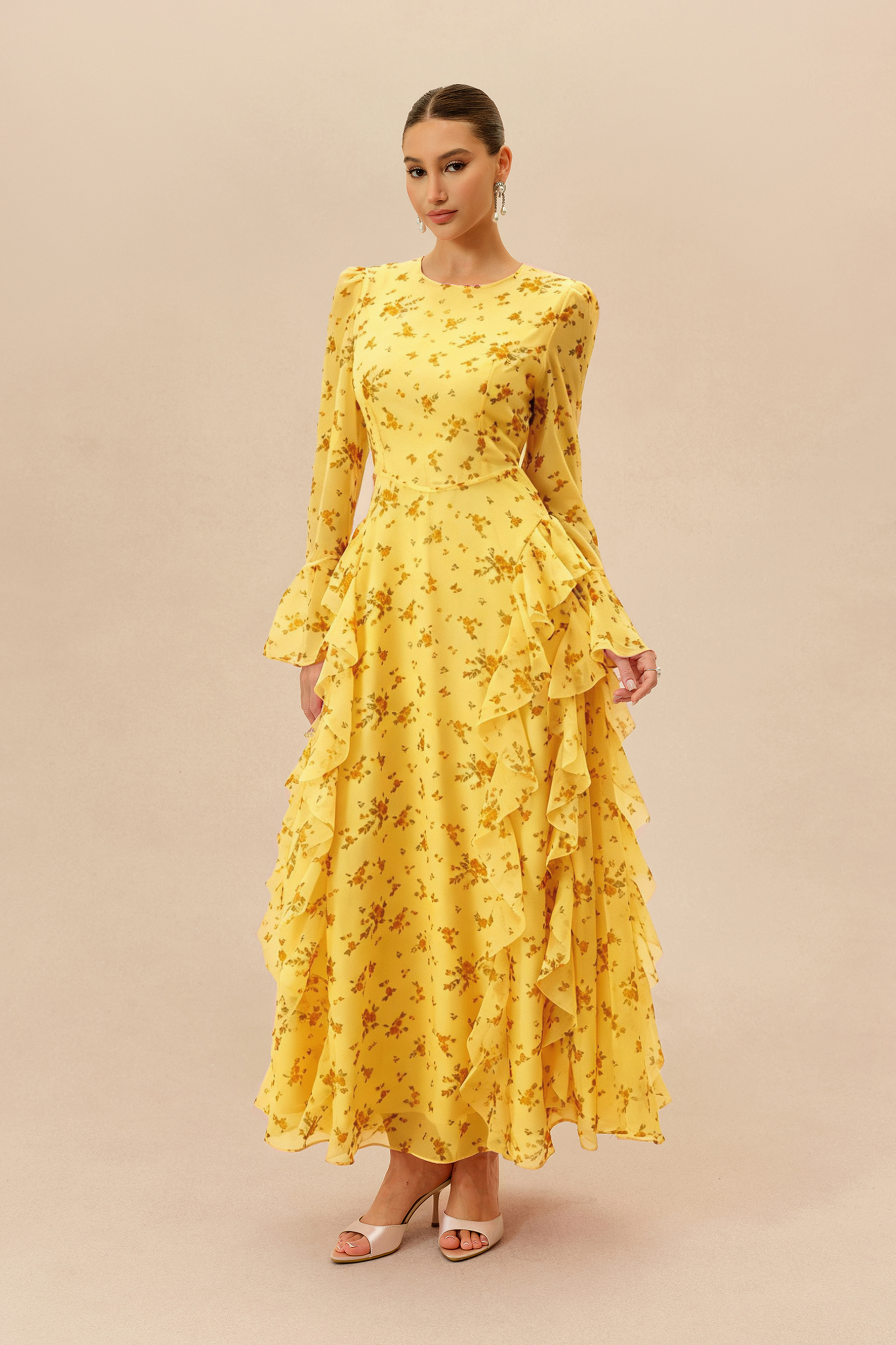 Sweet Serenade Yellow Floral Print Ruffle Tiered Maxi Dress