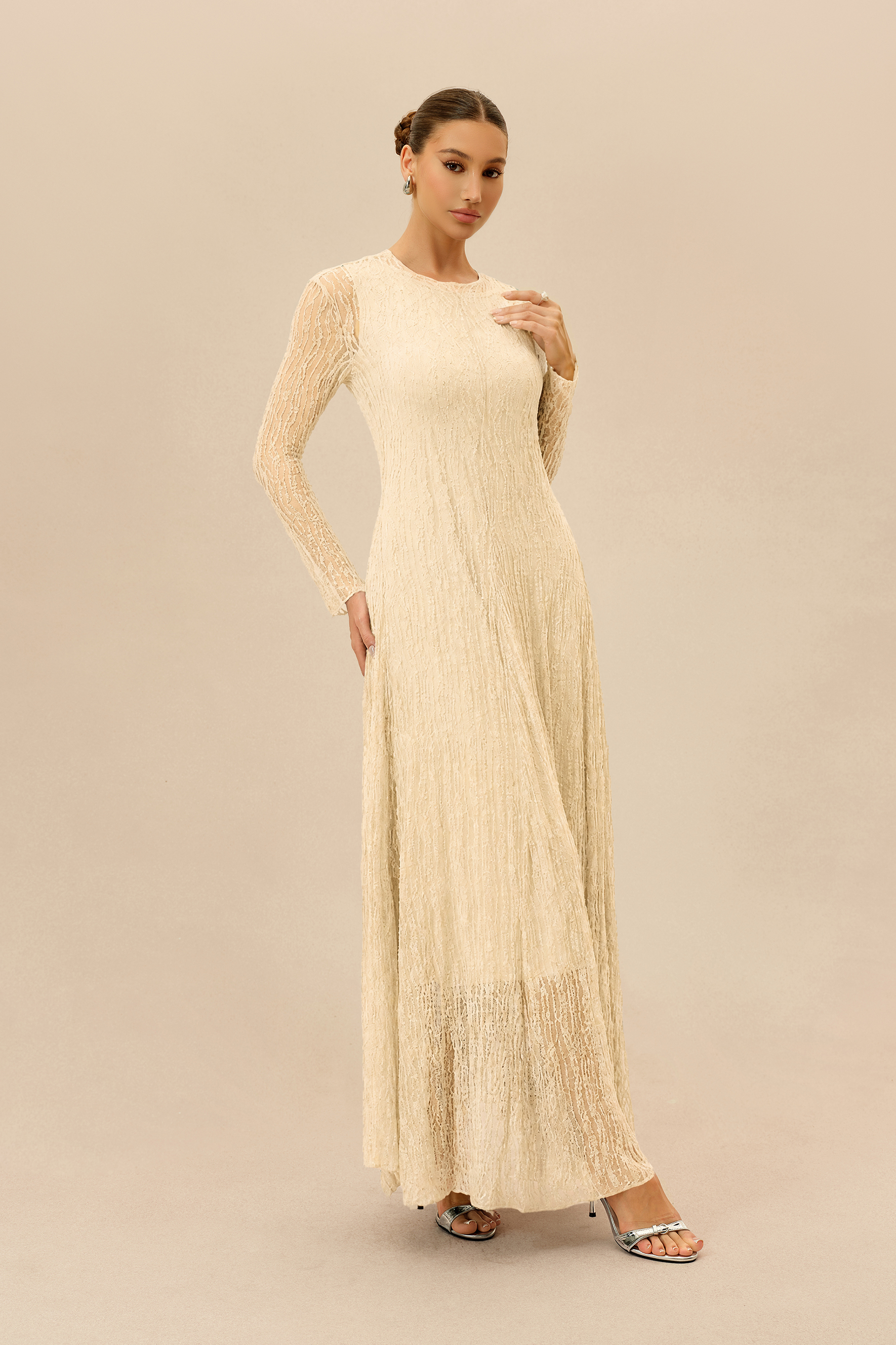 Dearly Yours Beige Rhinestone Embellished Long Sleeve Maxi Dress