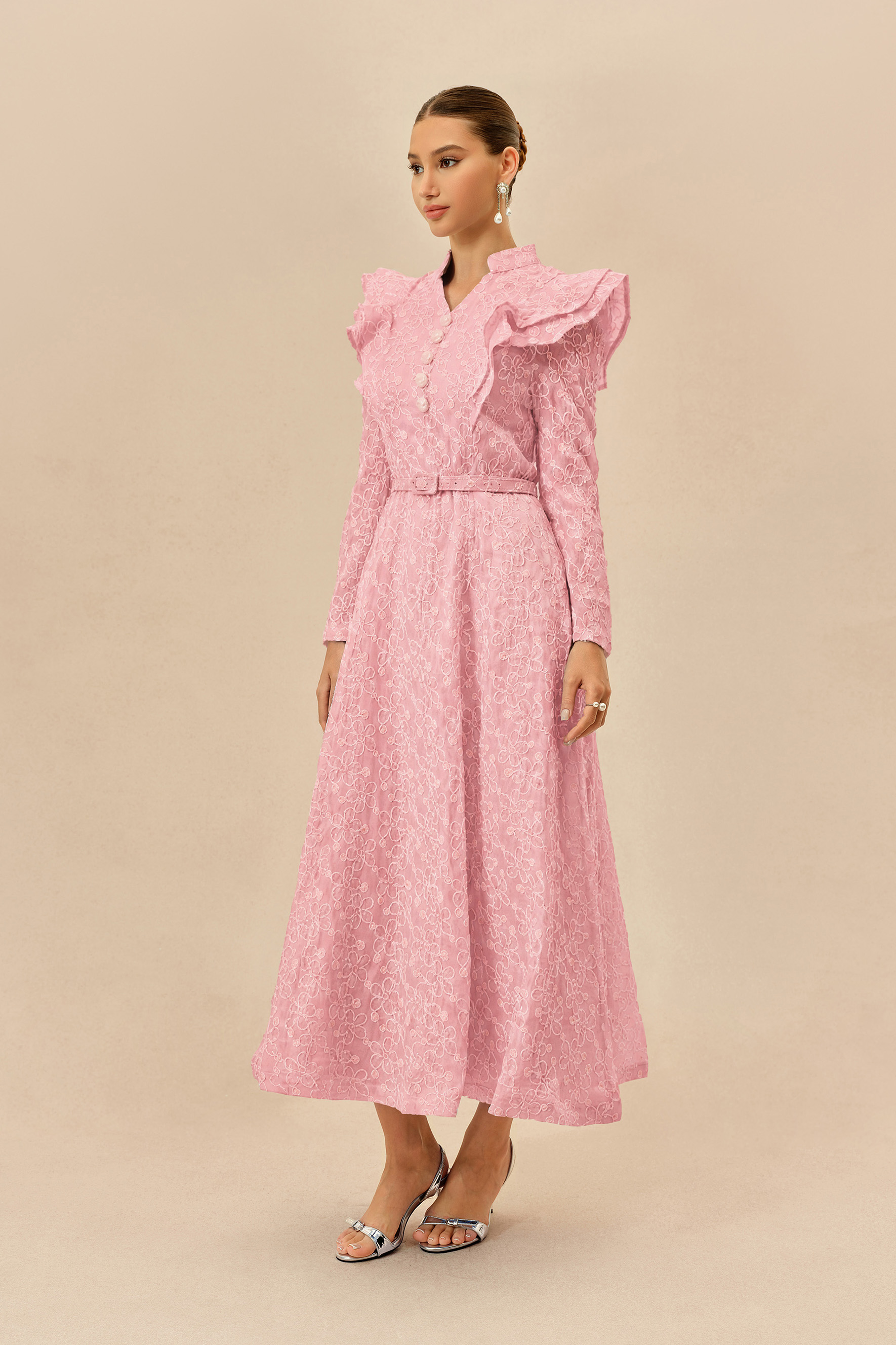 Casual Daydream Pink Floral Embroidery Ruffle Shoulder Maxi Dress