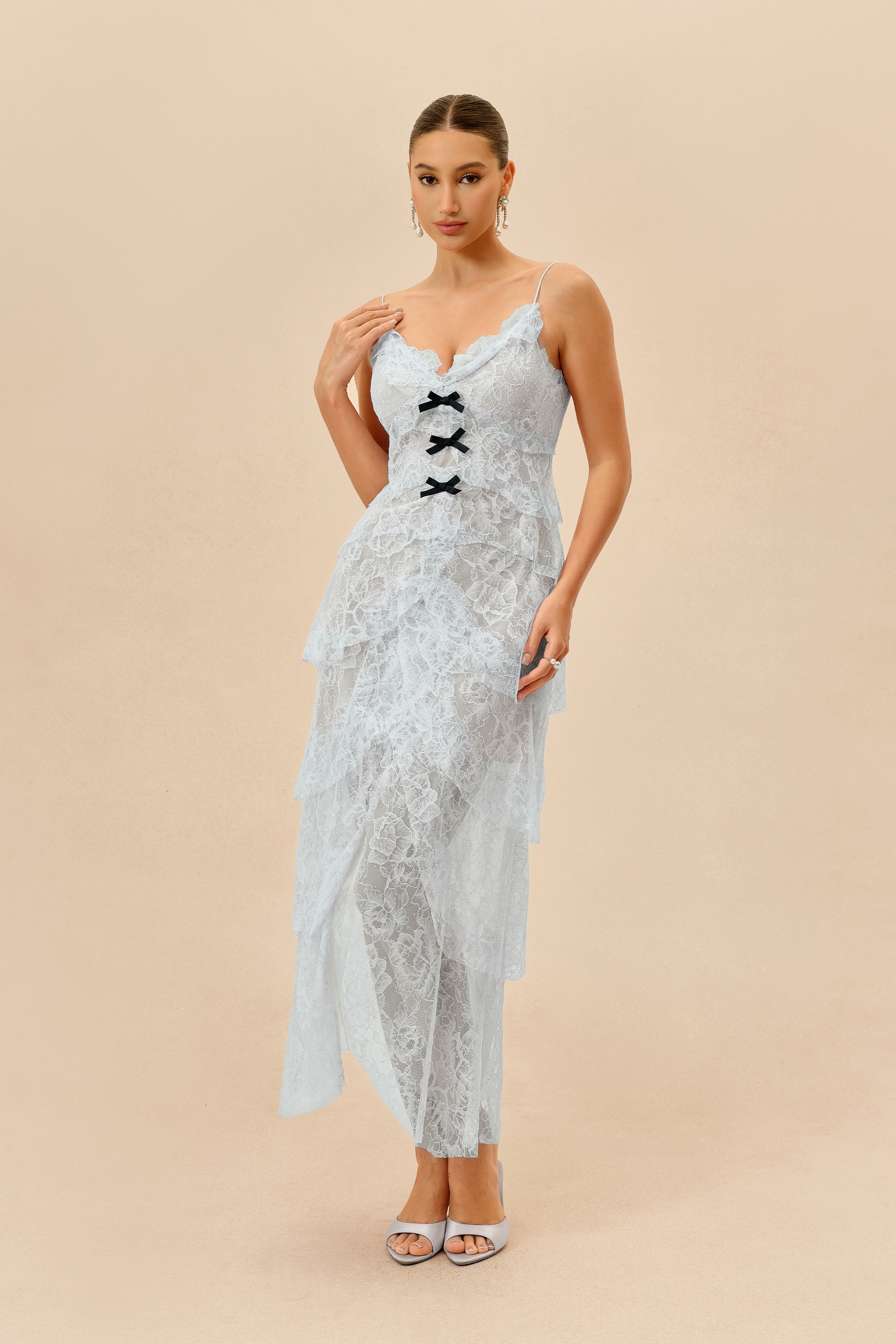 Fatal Attraction Light Blue Floral Lace Layered Hem Maxi Dress