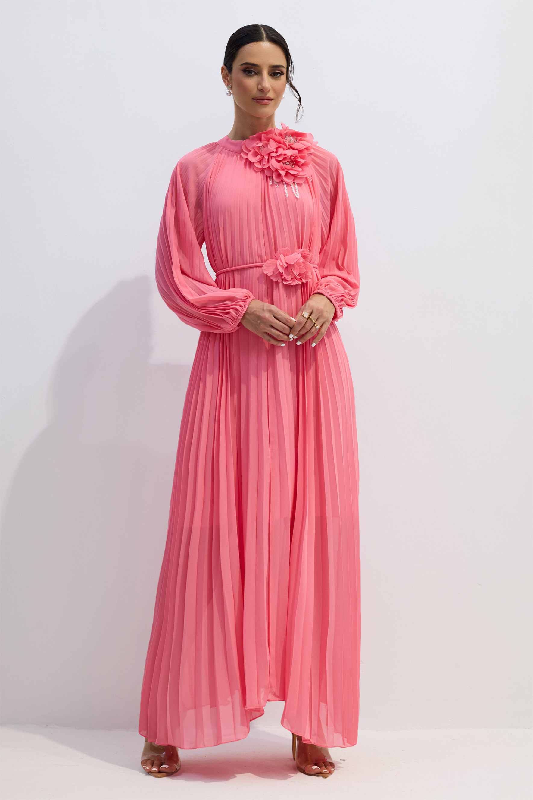 Irene Floral Applique Pleated Chiffon Maxi Dress
