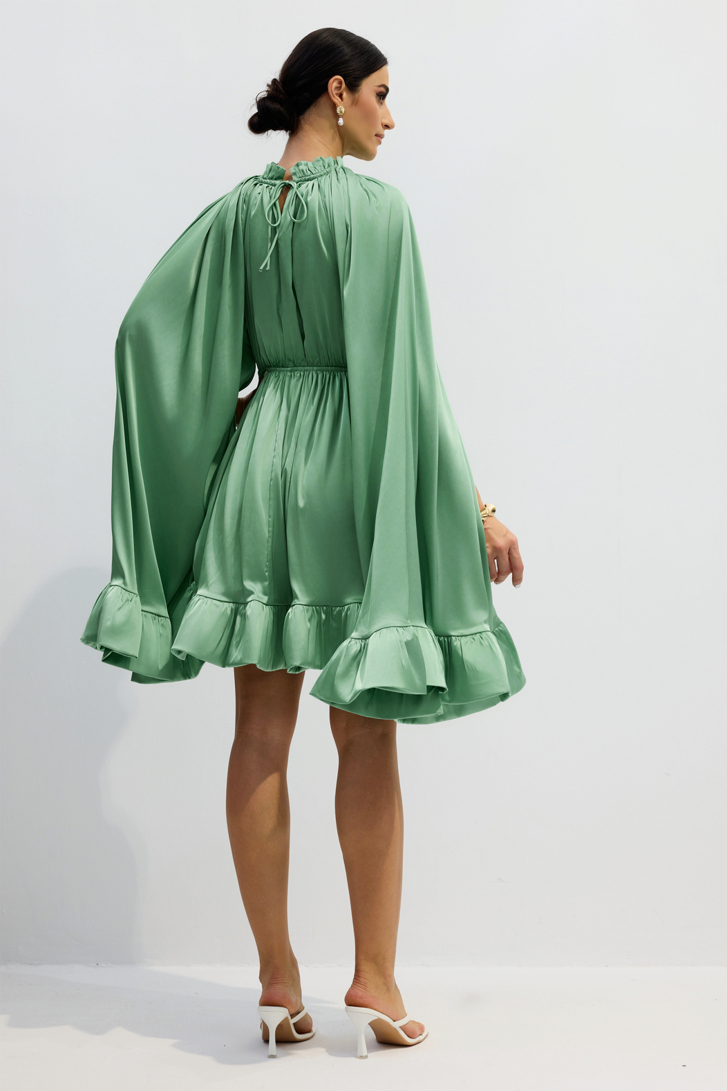 Octavia Cape Sleeve Ruffle Hem Mini Dress