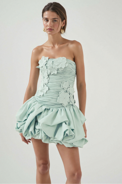 Elvira Floral Applique Strapless Ruched Mini Dress