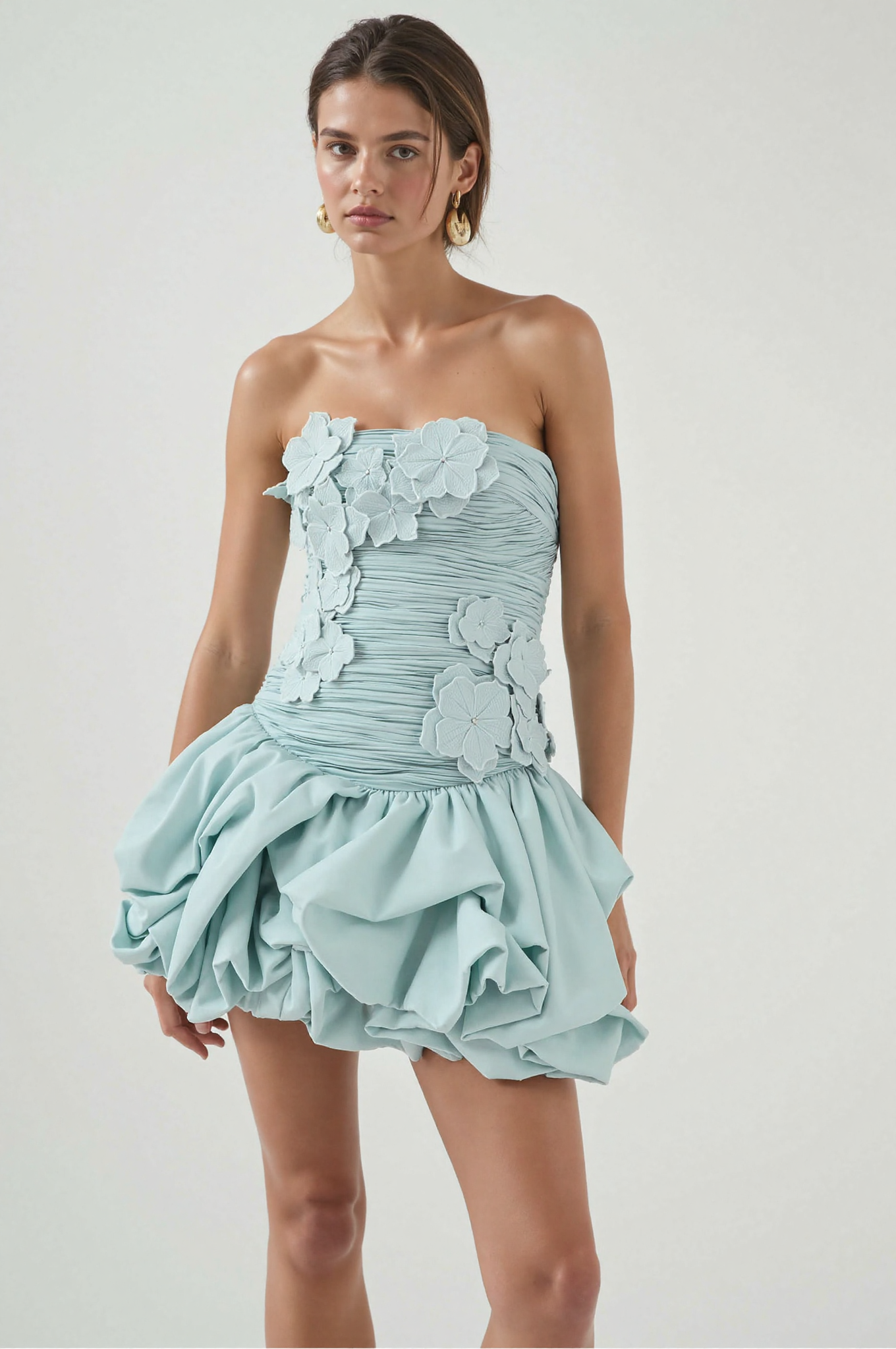Elvira Floral Applique Strapless Ruched Mini Dress