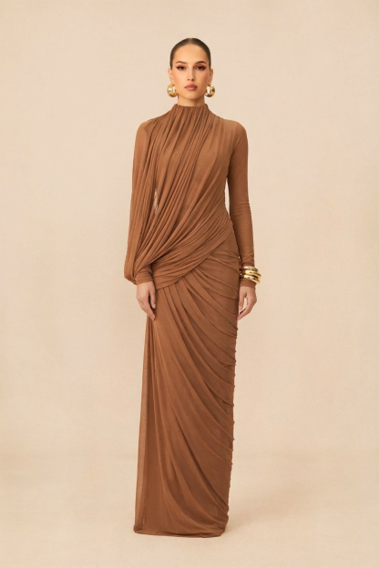 Swan Song High Neck Asymmetric Drape Maxi Dress