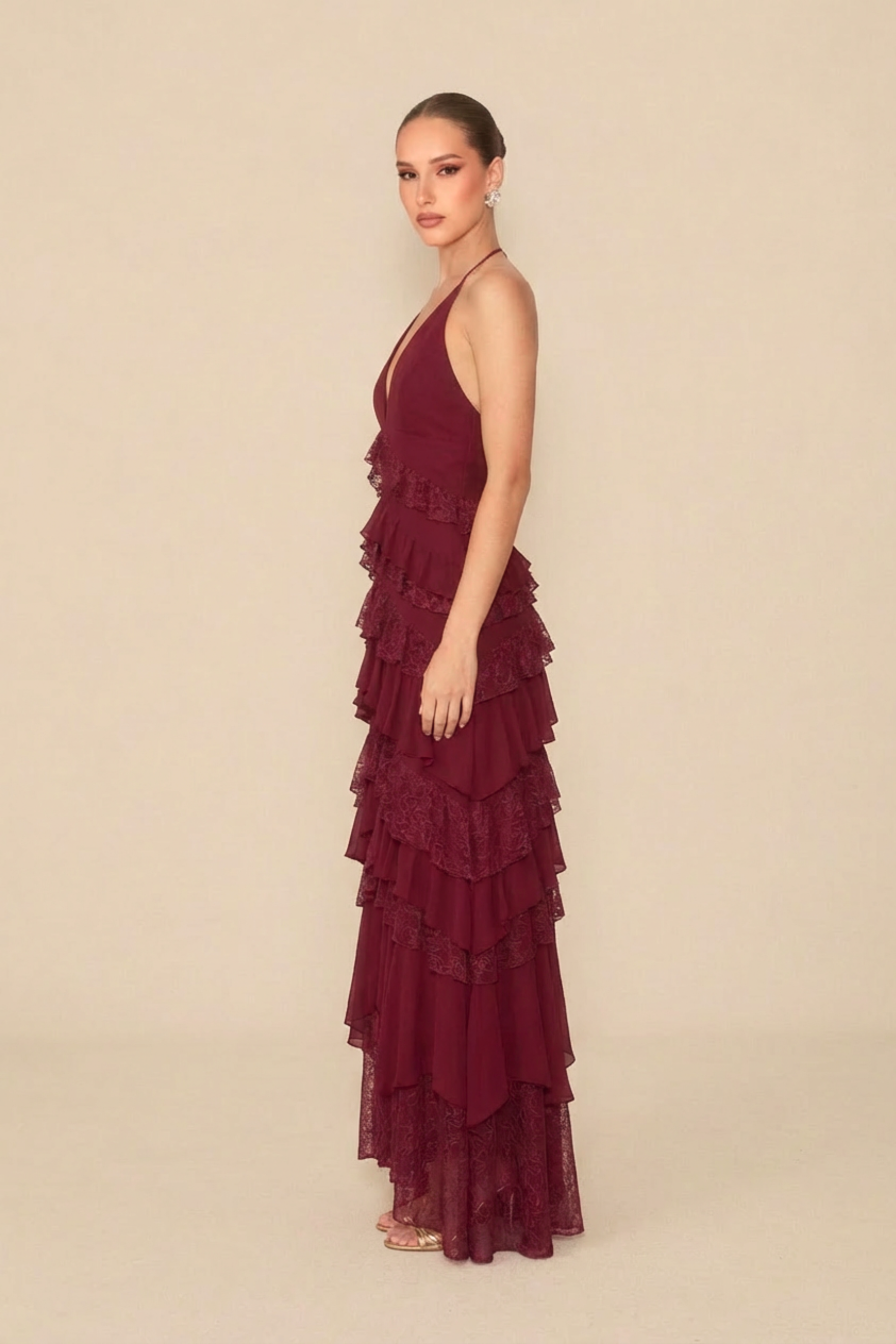 Beauty Icon Burgundy Deep V Neck Tiered Lace Maxi Dress