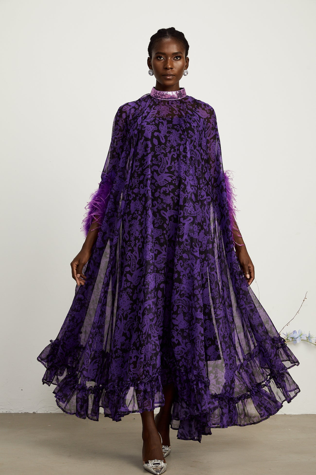 Dana Sequins Feather Printed Maxi Dress