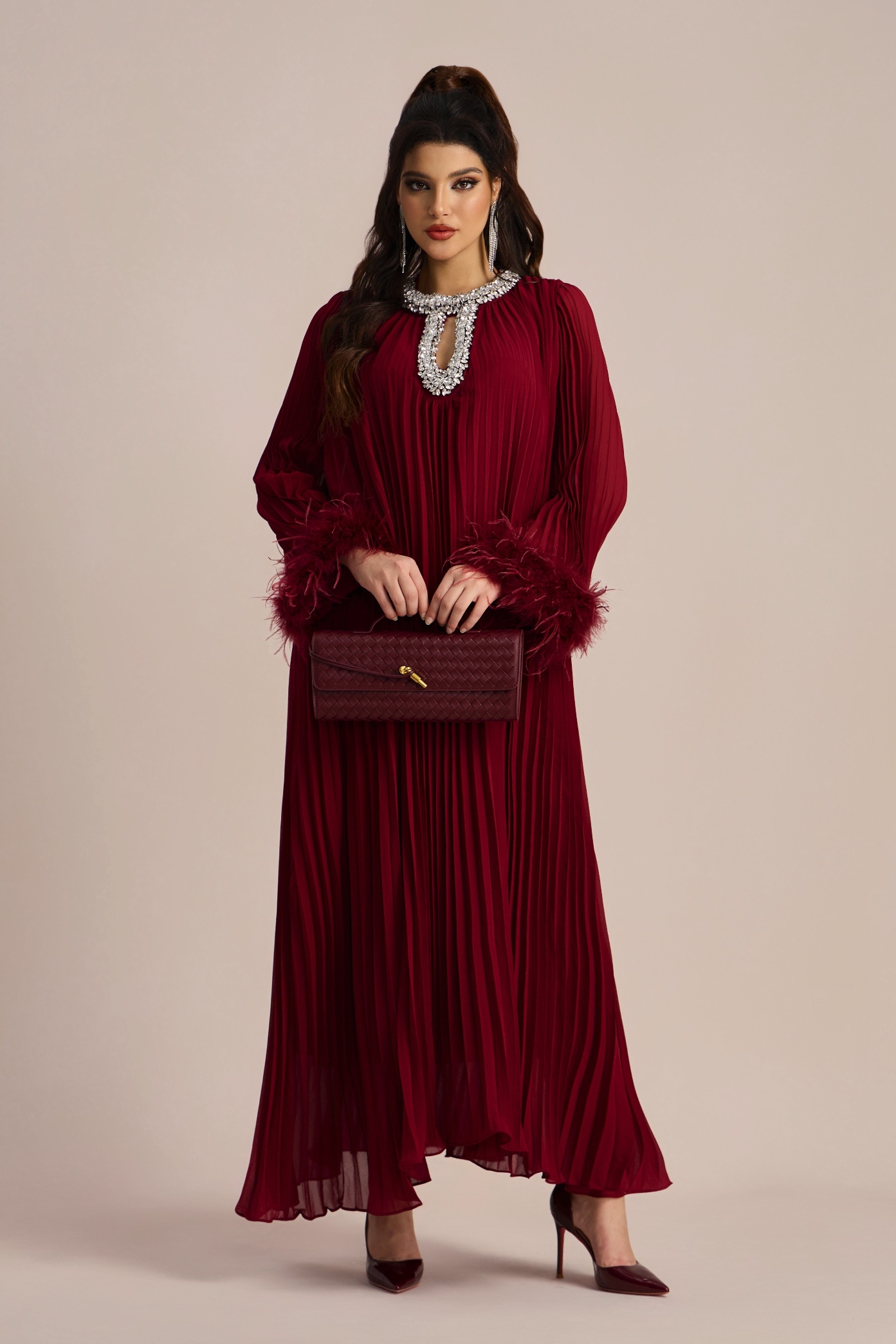 Yvonne Diamante Feathered Pleated Maxi Chiffon Dress