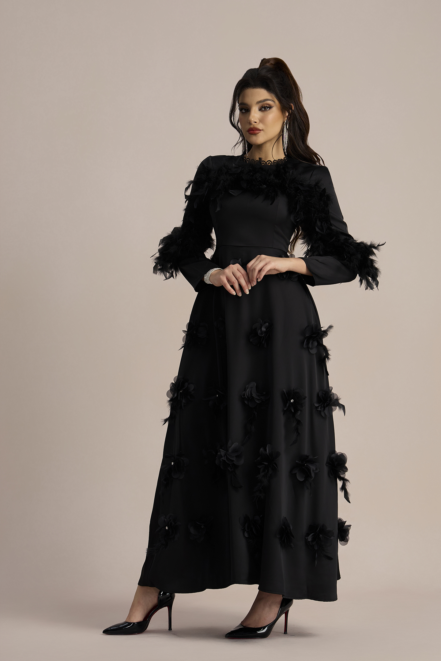 Theresa Floral Applique Long Sleeve Maxi Dress