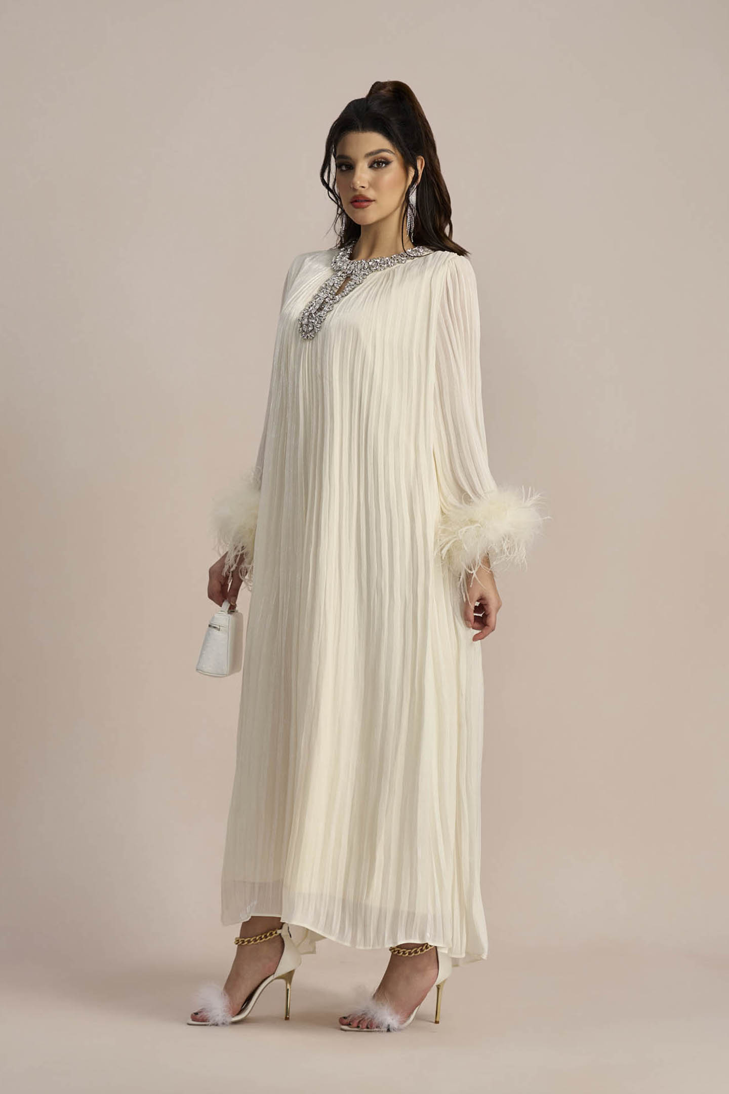 Yvonne Diamante Feathered Pleated Maxi Chiffon Dress