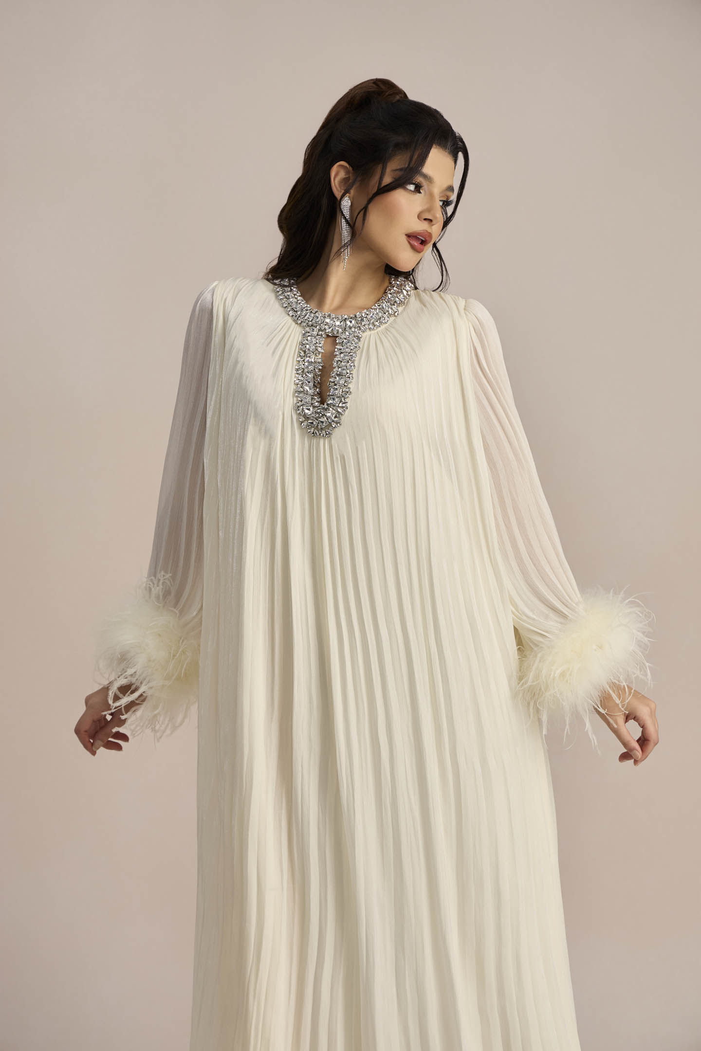 Yvonne Diamante Feathered Pleated Maxi Chiffon Dress