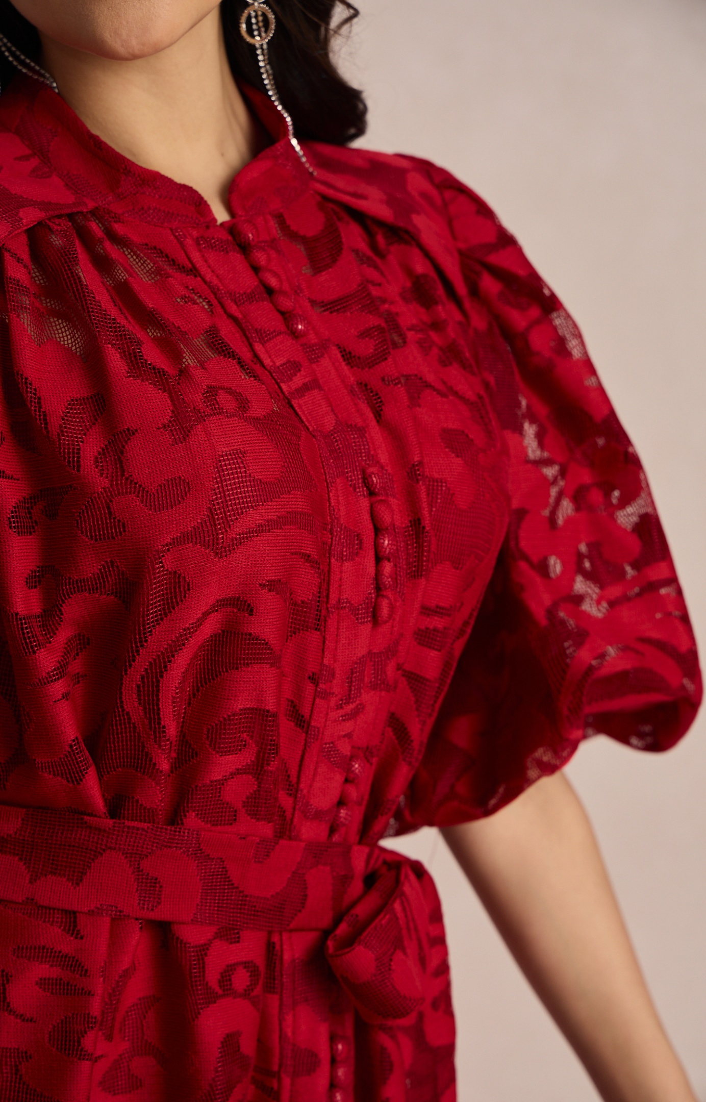 Emma Embroidered Lace Belted Midi Dress