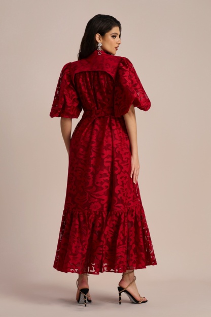 Emma Embroidered Lace Belted Midi Dress