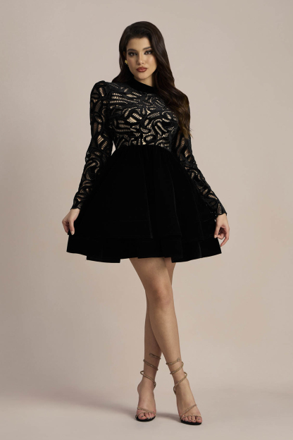 Setlla Long Sleeve Hollow Velvet Mini Dress