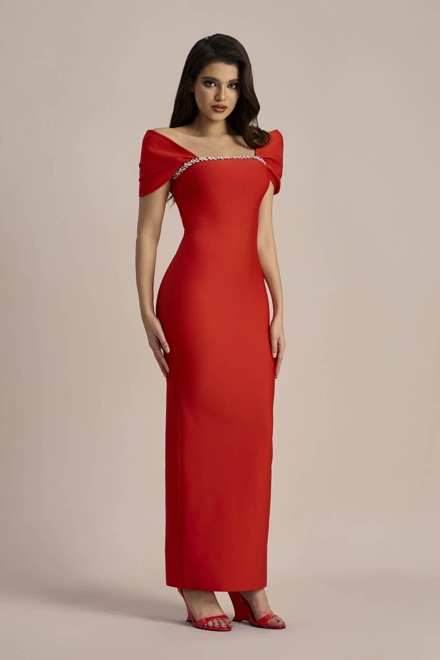 Grace Crystal Embellished Maxi | Red Square Neck Classic