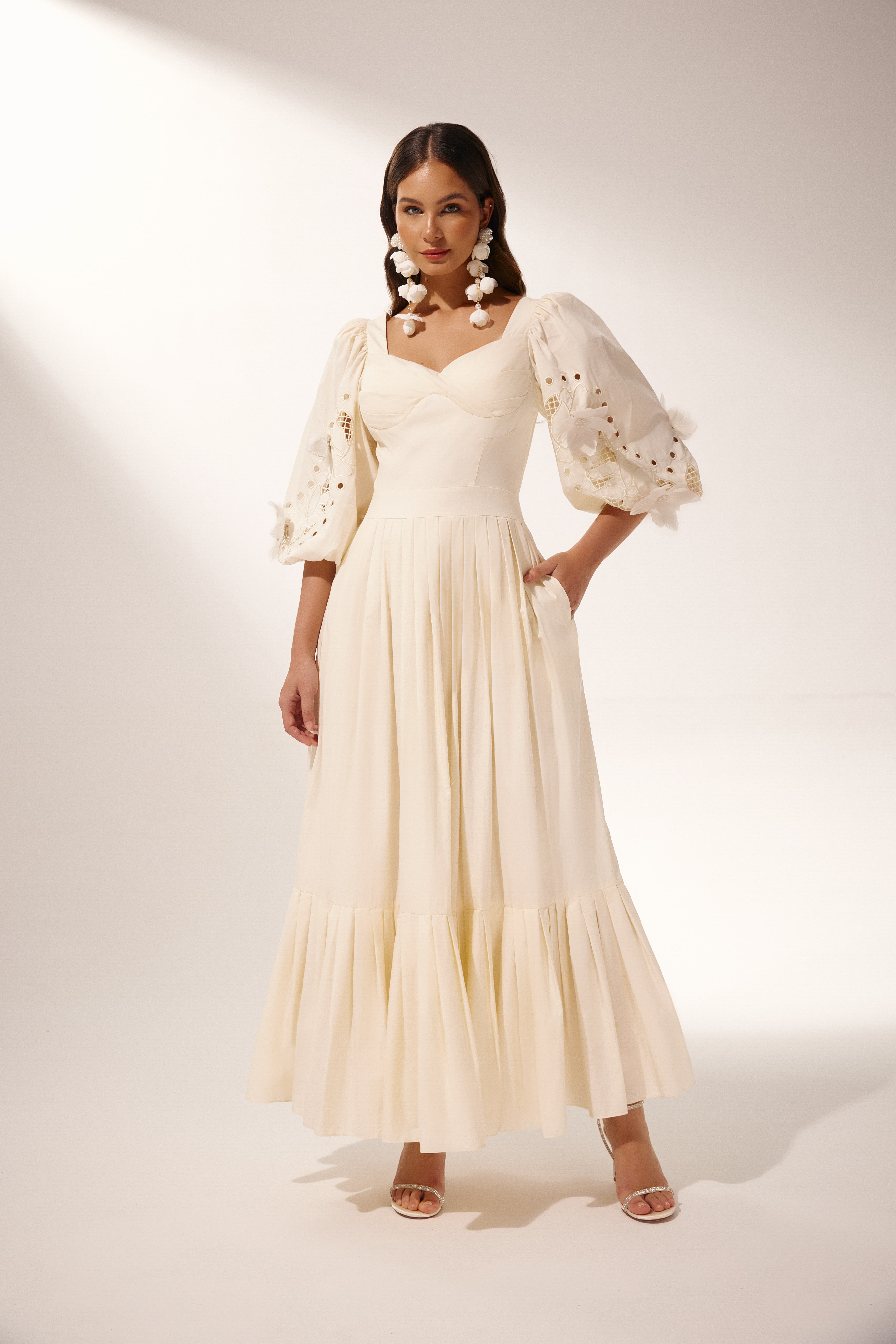Eunice Ballon Sleeve Hollow Maxi Dress-Sunfere