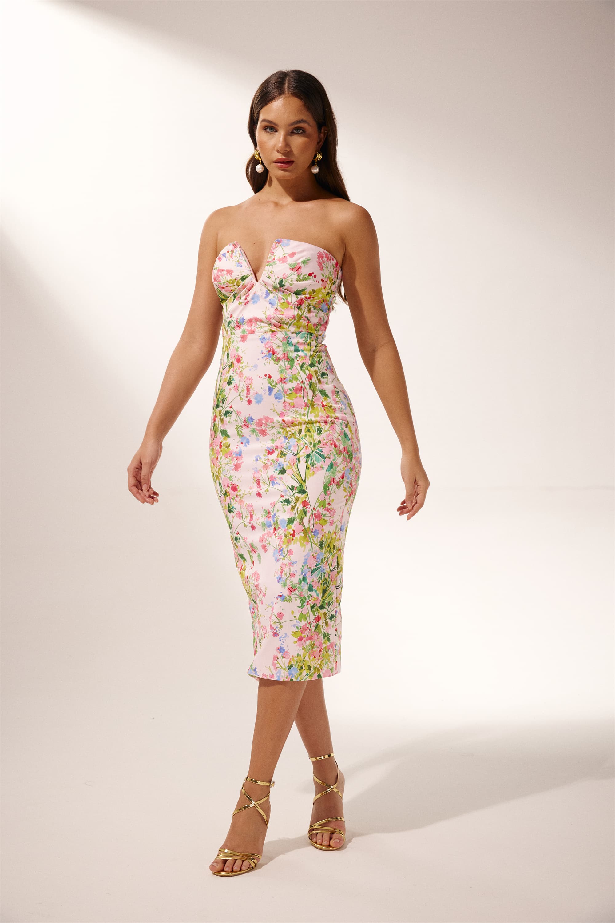 Karen Floral Printed Strapless Midi Dress