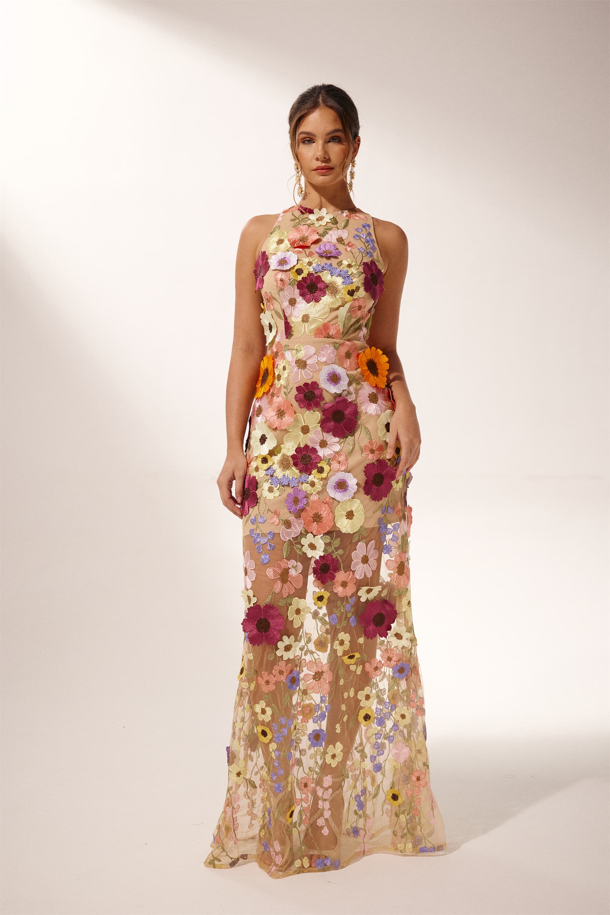 Andrea Floral Embroidered Sleeveless Maxi Dress
