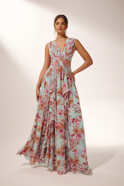 Anila Printed Pleated Ruffle Maxi Dress - Sunfere
