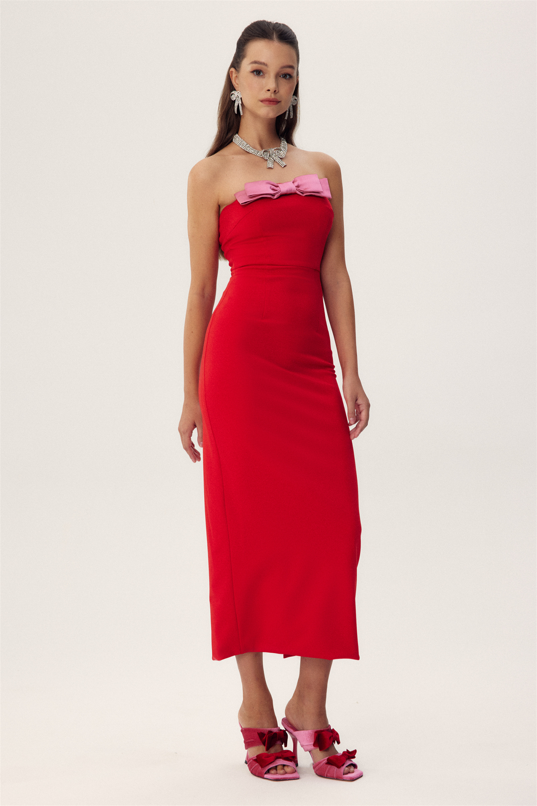 Olivia Strapless Bowknot Crepe Midi Dress-Sunfere
