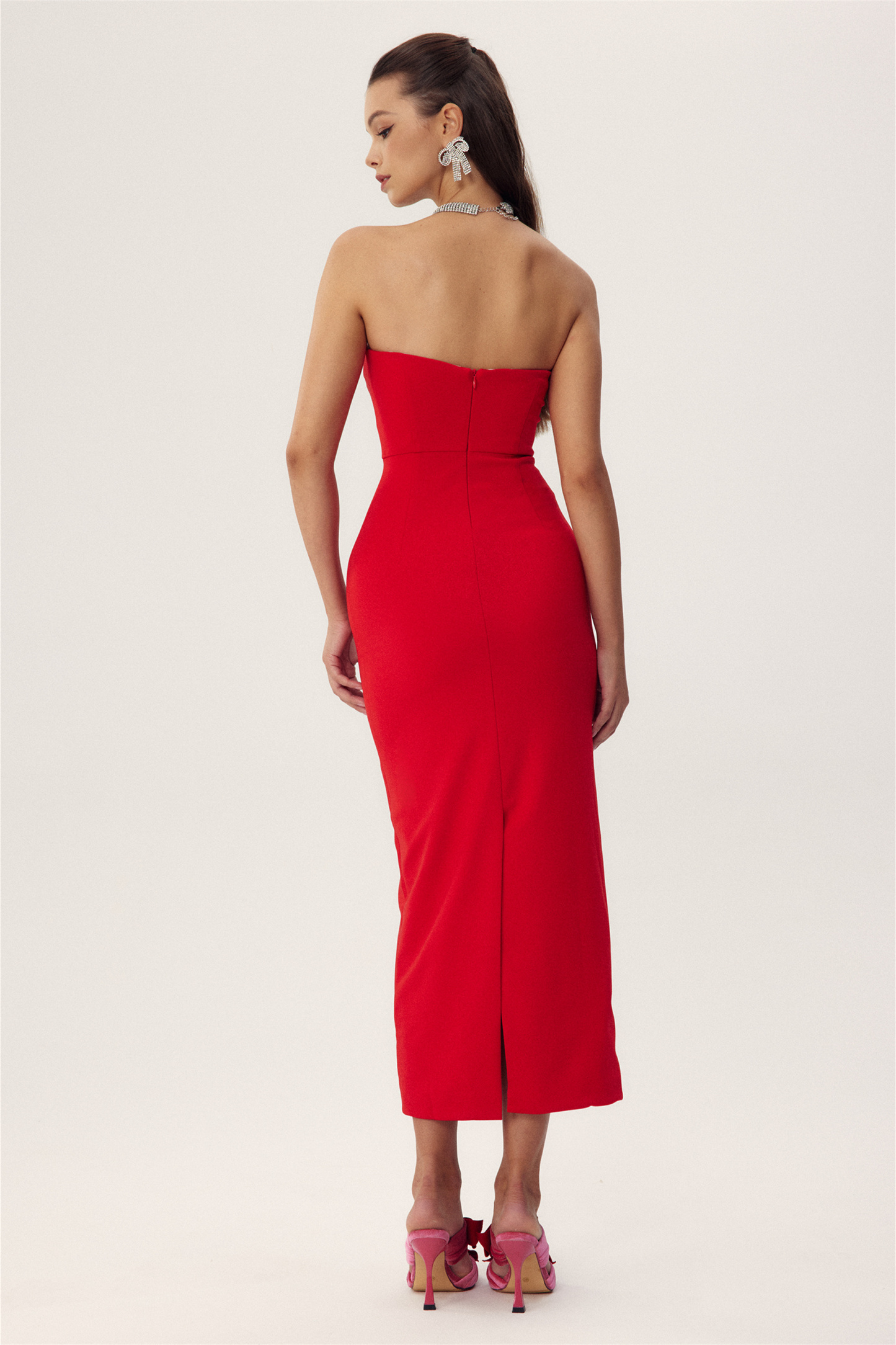 Olivia Strapless Bowknot Crepe Midi Dress-Sunfere