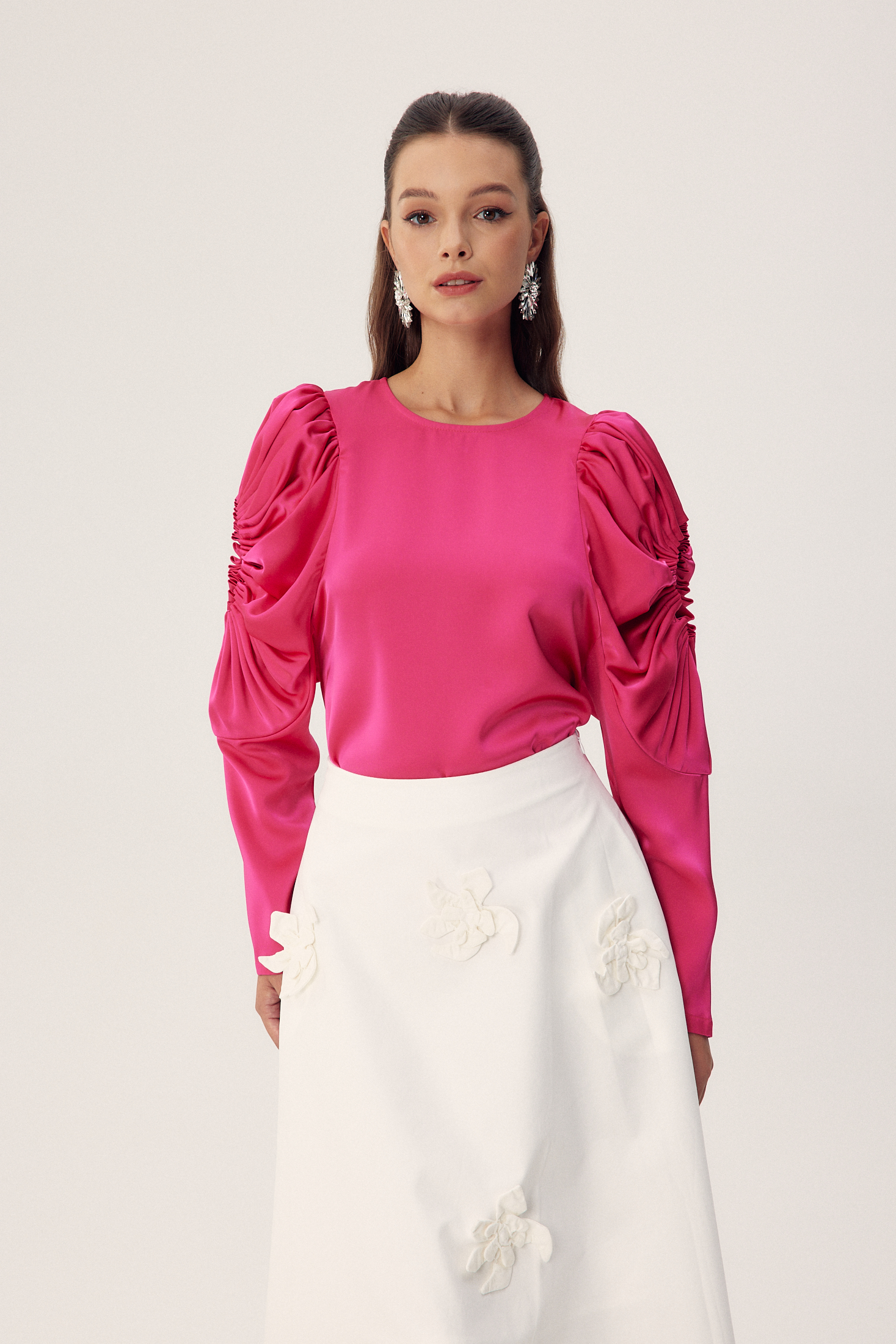 Una Sculpted Sleeves Satin Blouse-Sunfere