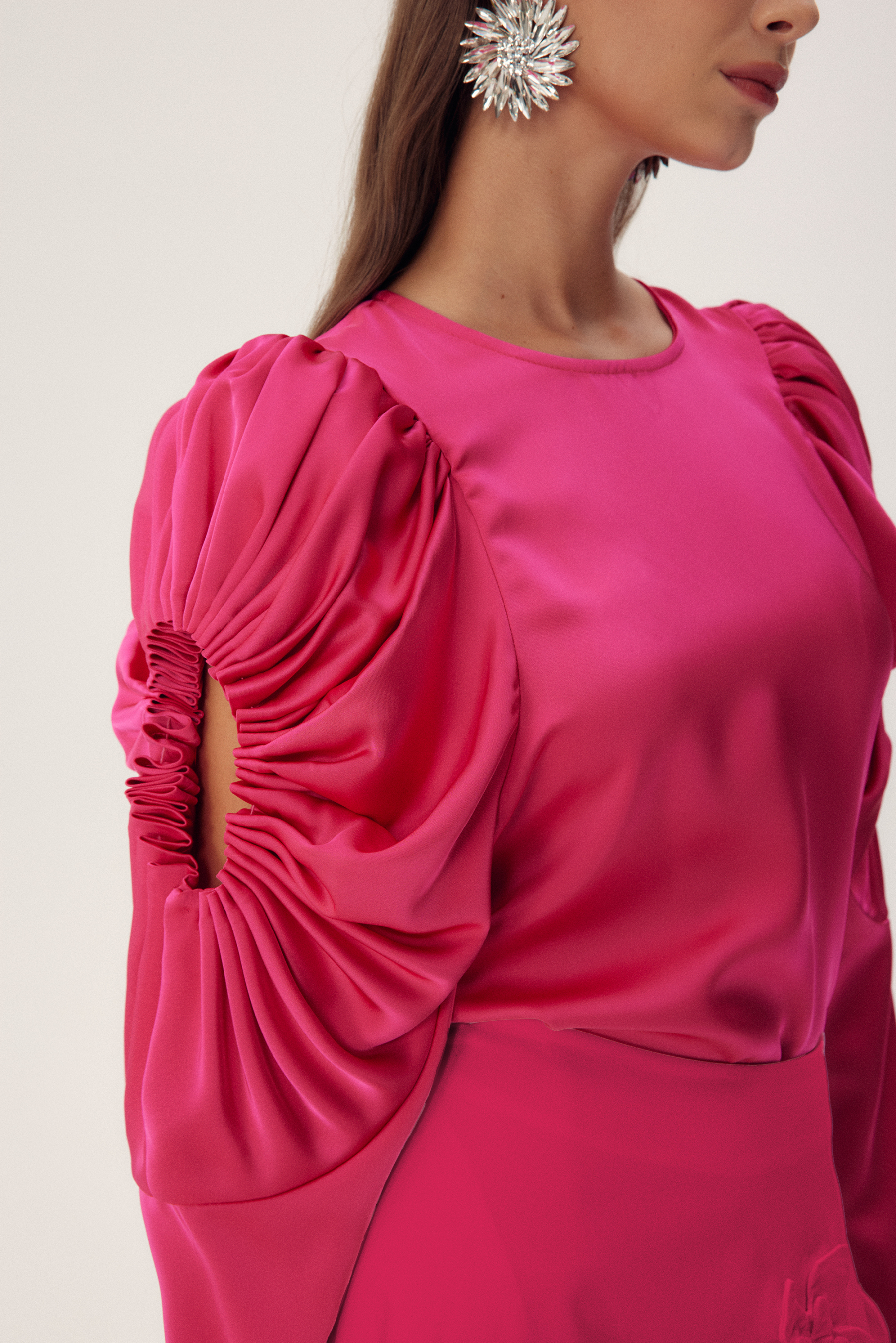 Una Satin Blouse | Hot Pink Sculpted Sleeve Chic - sunfere