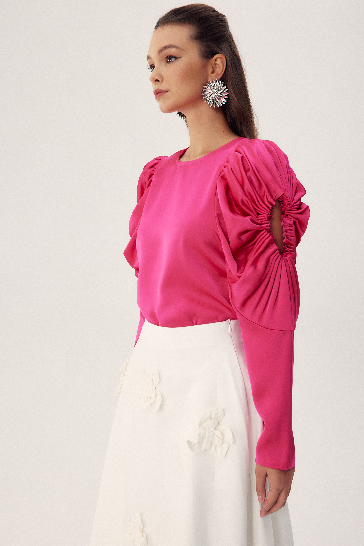 Una Sculpted Sleeves Satin Blouse-Sunfere
