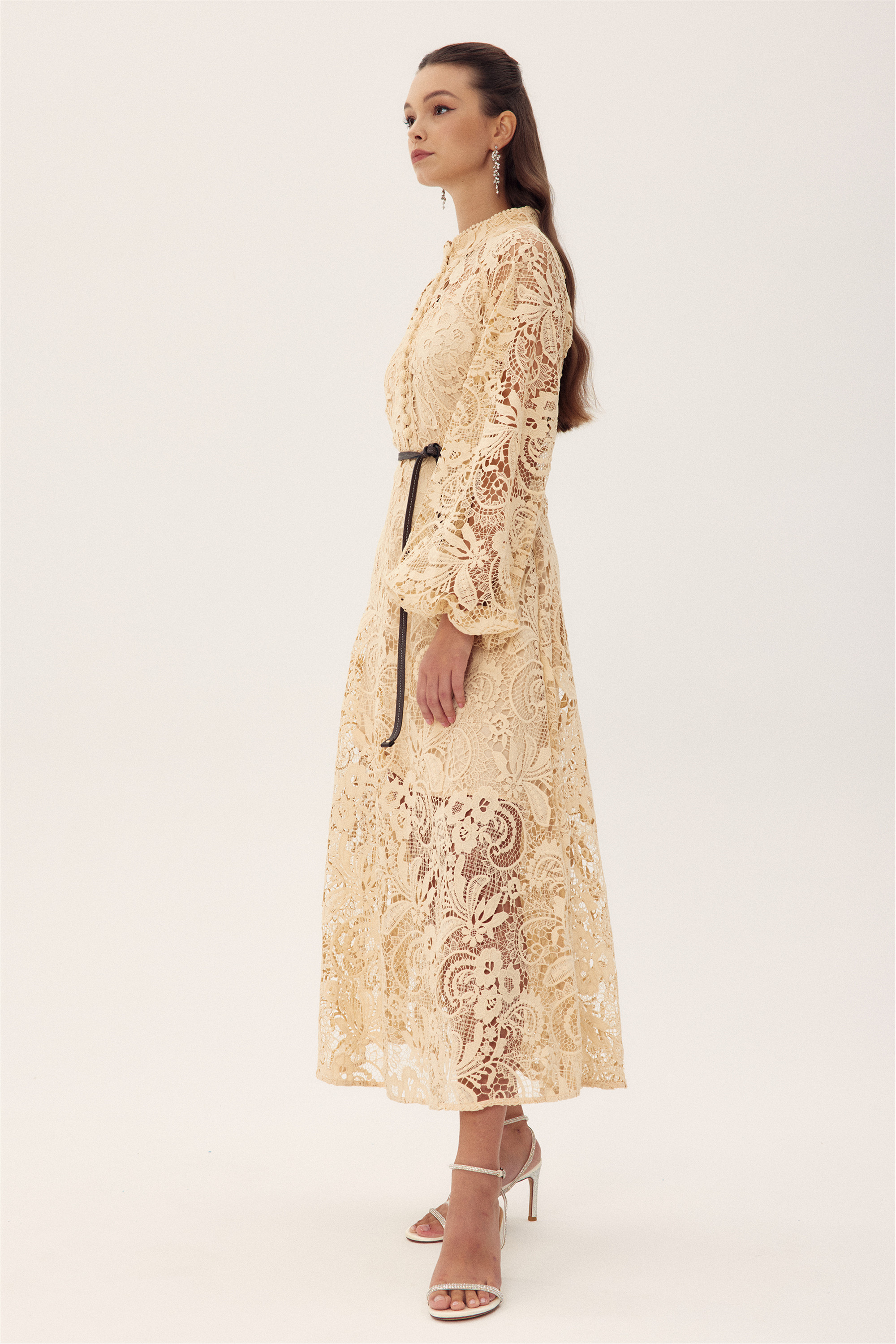 Coral Embroidered Lace Sheer Midi Dress