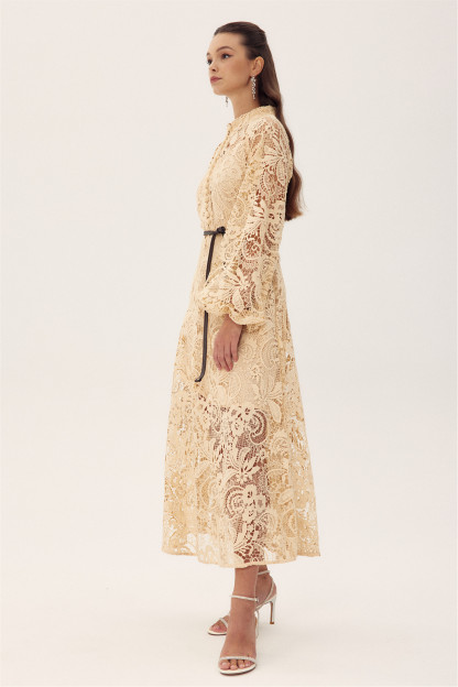 Coral Embroidered Lace Sheer Midi Dress