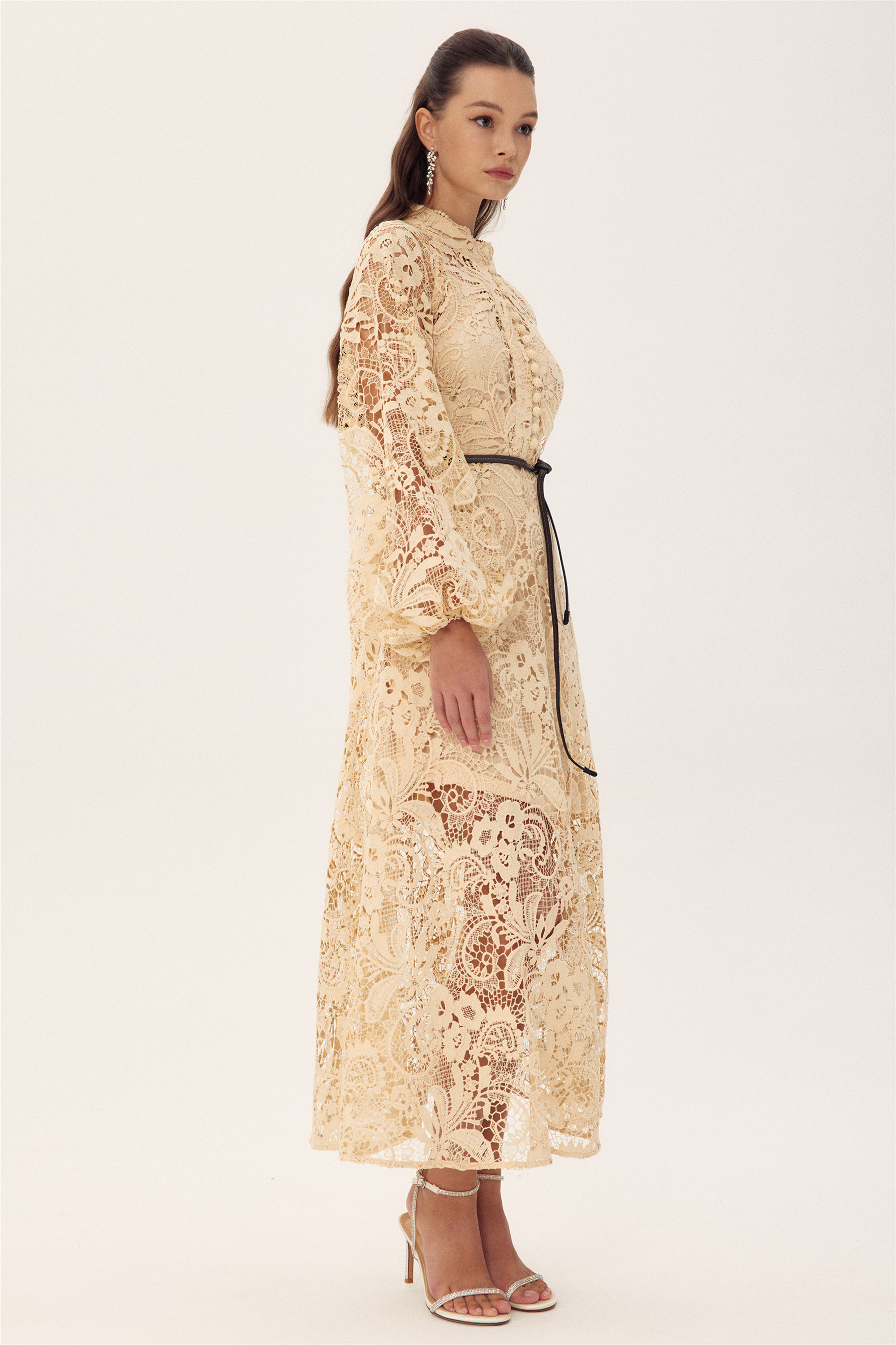 Coral Embroidered Lace Sheer Midi Dress