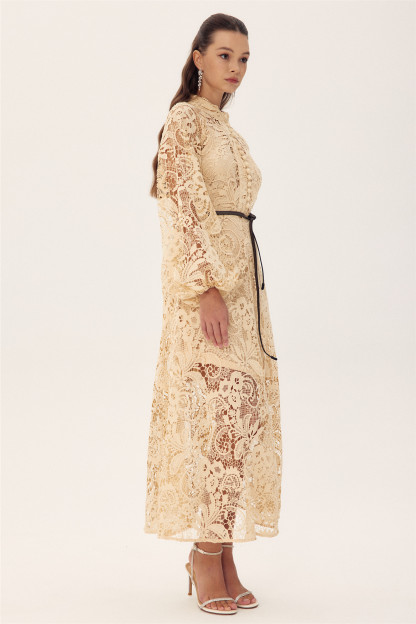 Coral Embroidered Lace Sheer Midi Dress