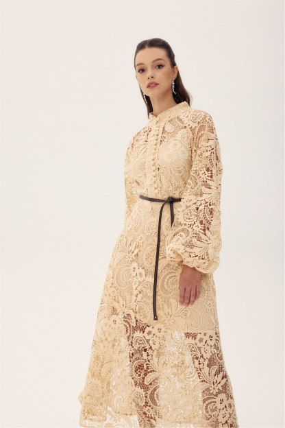 Coral Embroidered Lace Sheer Midi Dress
