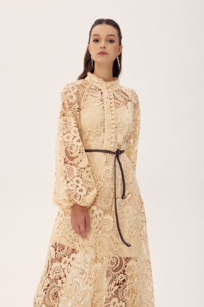 Coral Embroidered Lace Sheer Midi Dress