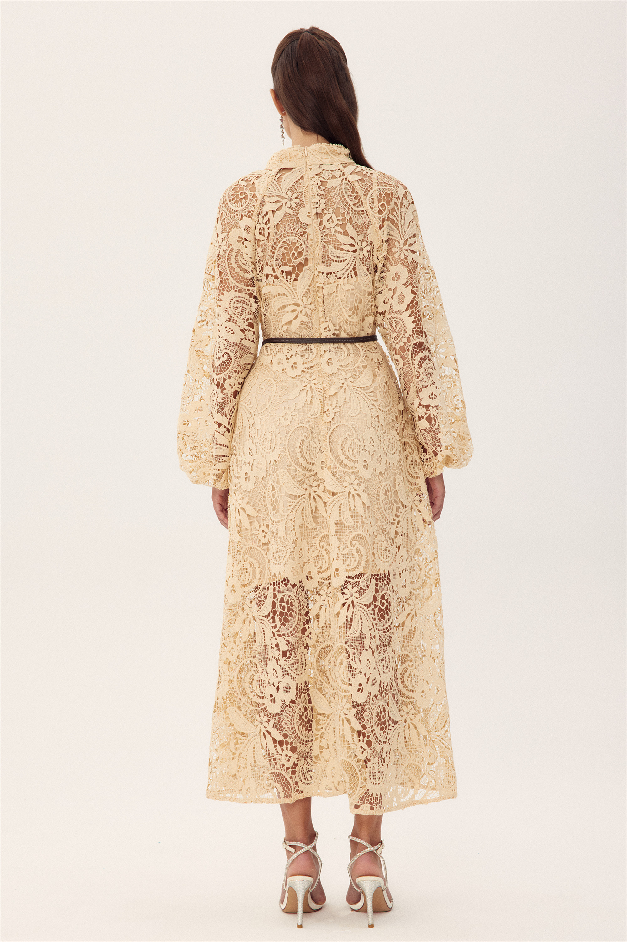 Coral Embroidered Lace Sheer Midi Dress