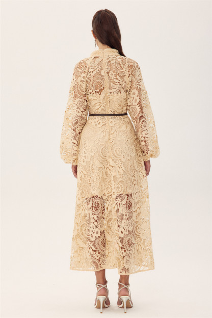 Coral Embroidered Lace Sheer Midi Dress