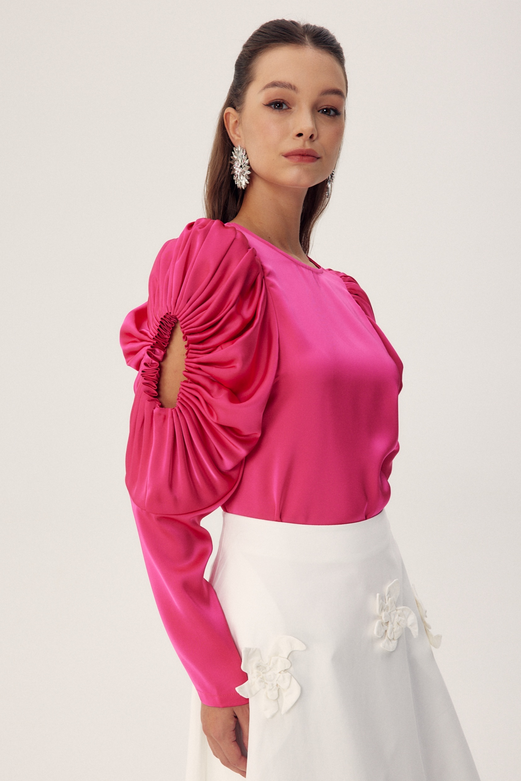 Una Sculpted Sleeves Satin Blouse-Sunfere