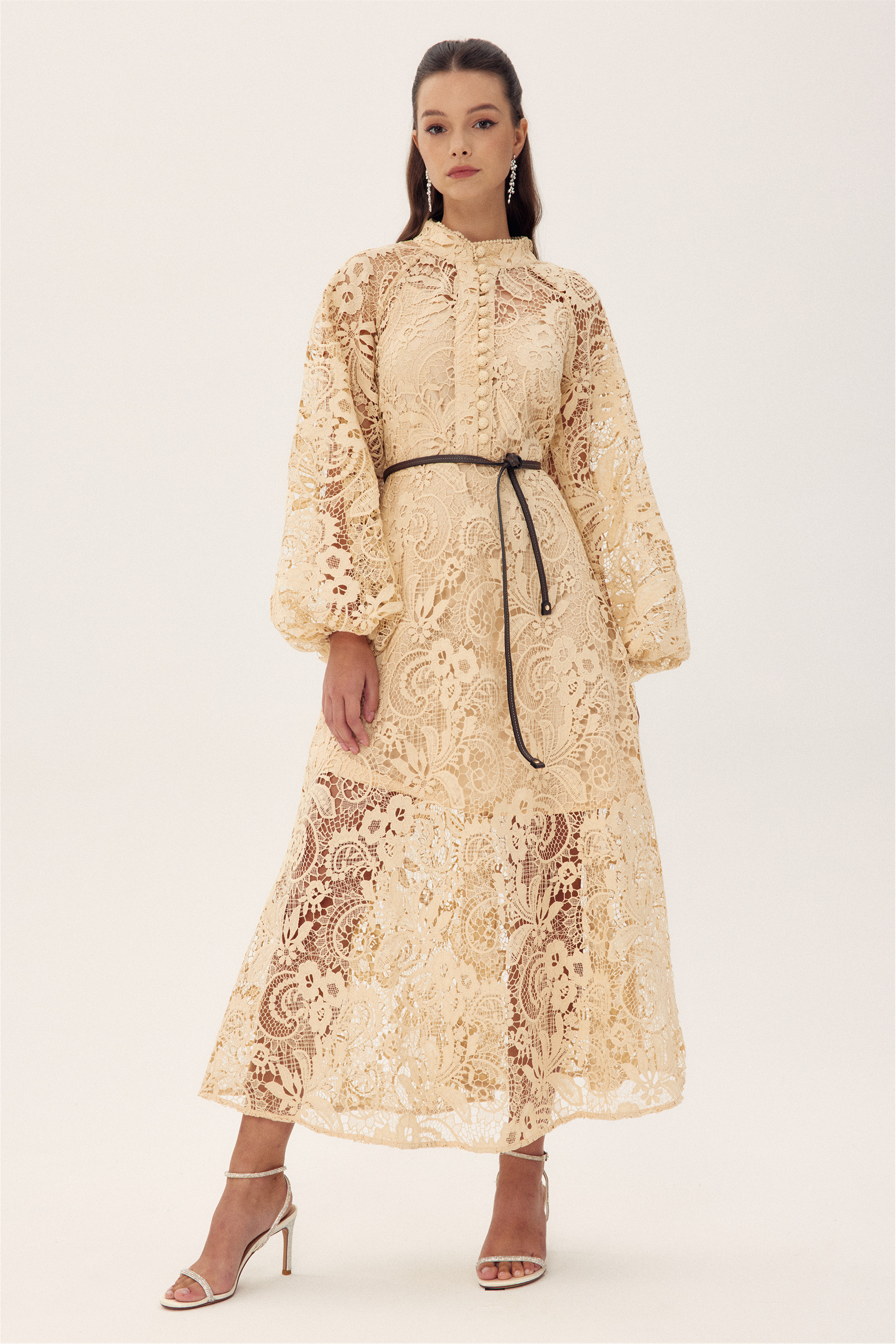 Coral Embroidered Lace Sheer Midi Dress
