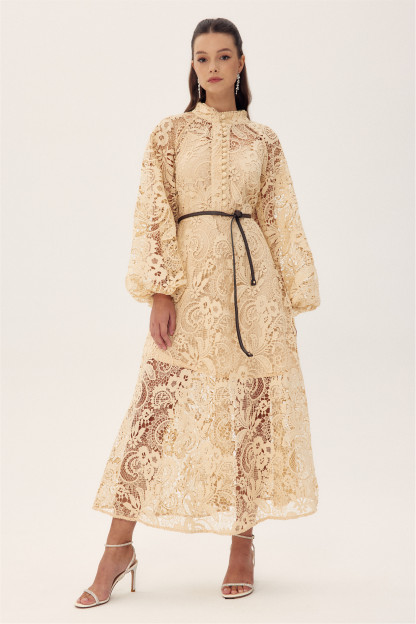 Coral Embroidered Lace Sheer Midi Dress