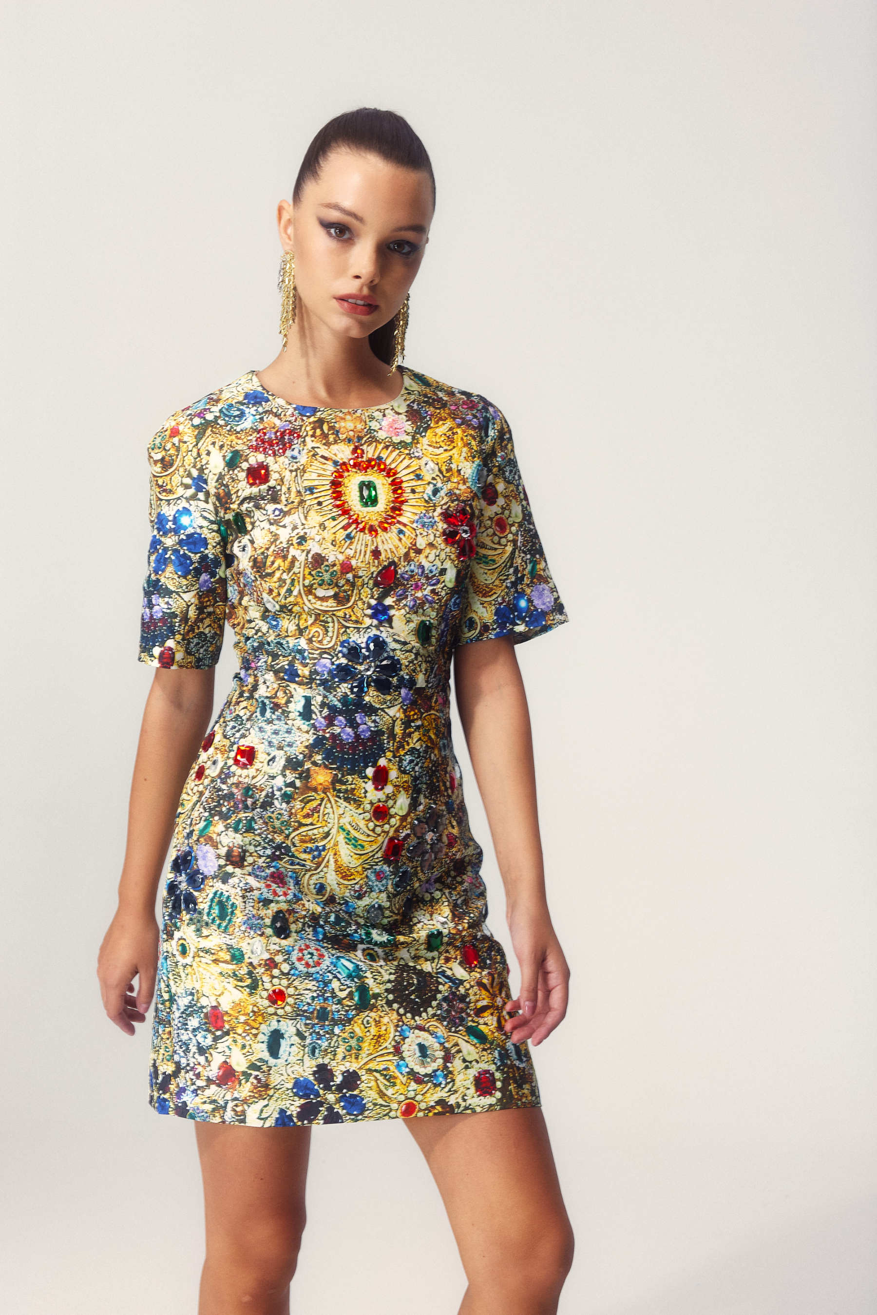 Sabina Rhinestone Embellished Short Sleeve Mini Dress