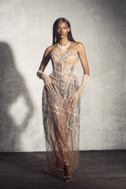 Elaine Diamond Embellished Corset Sheer Maxi Dress